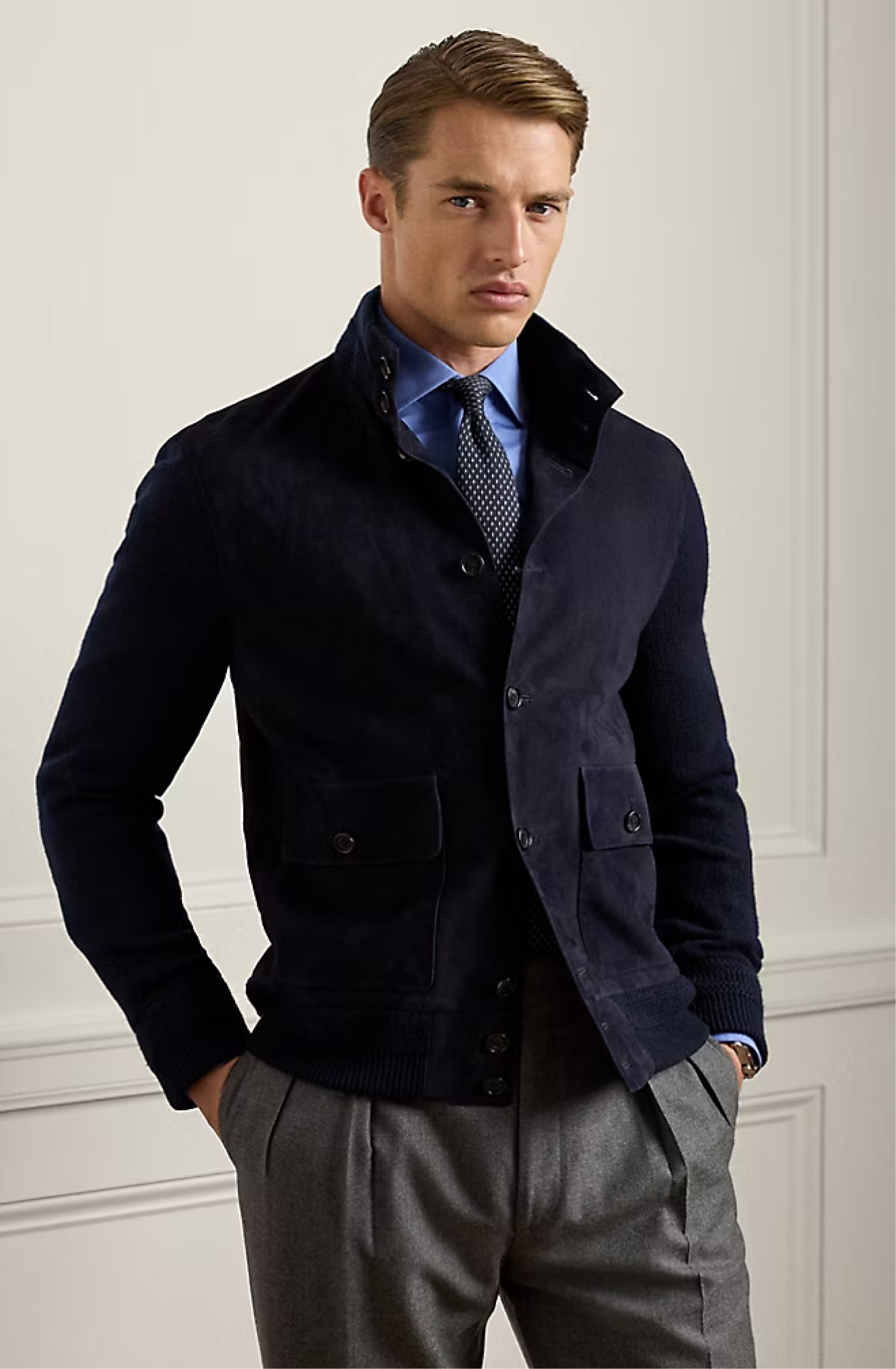 Suede-Front Cashmere Cardigan